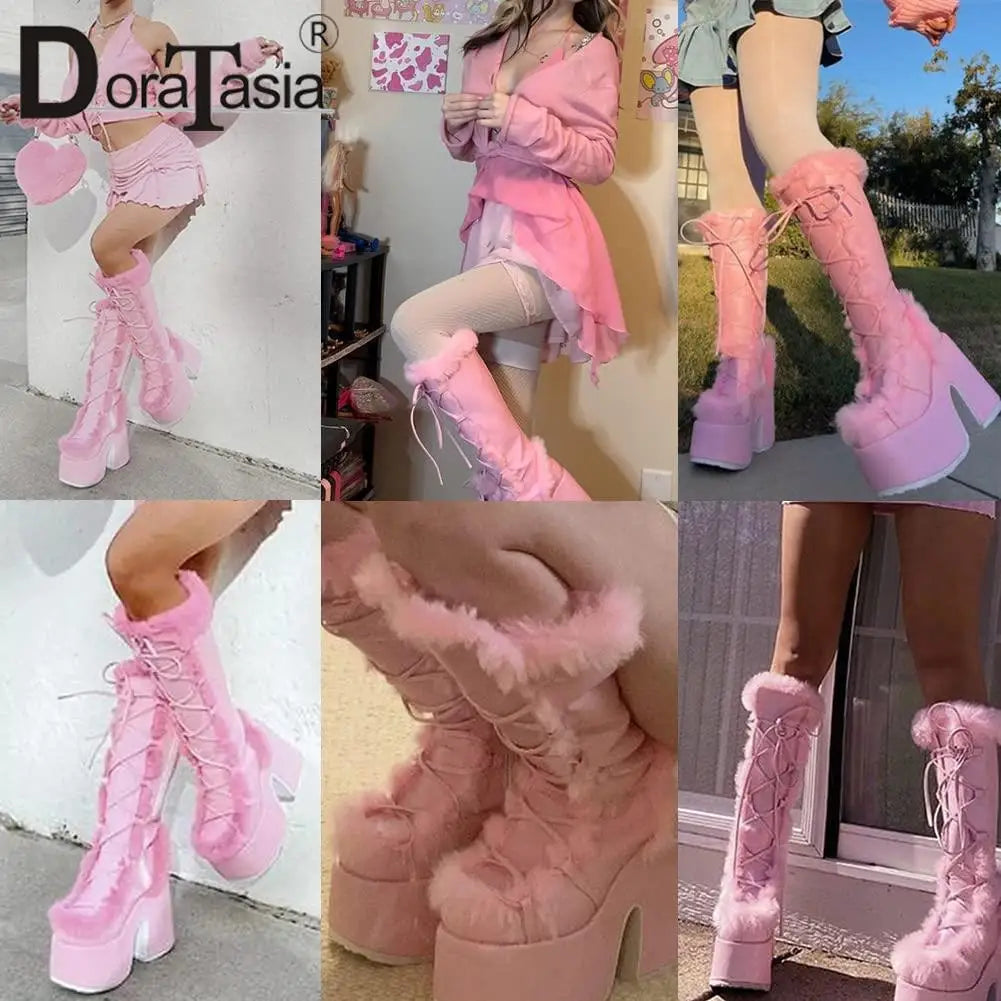Ladies Goth Platform Boots Fashion Zip Faux Fur Chunky High Heels women's Boots Party Street Autumn Winter Woman Shoes