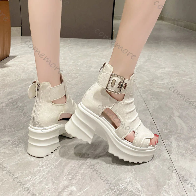Gothic Platform Sandals Women Summer Wedges Peep Toe Gladiator Shoes Woman Thick Bottom 8cm High Heels Sandalias Mujer