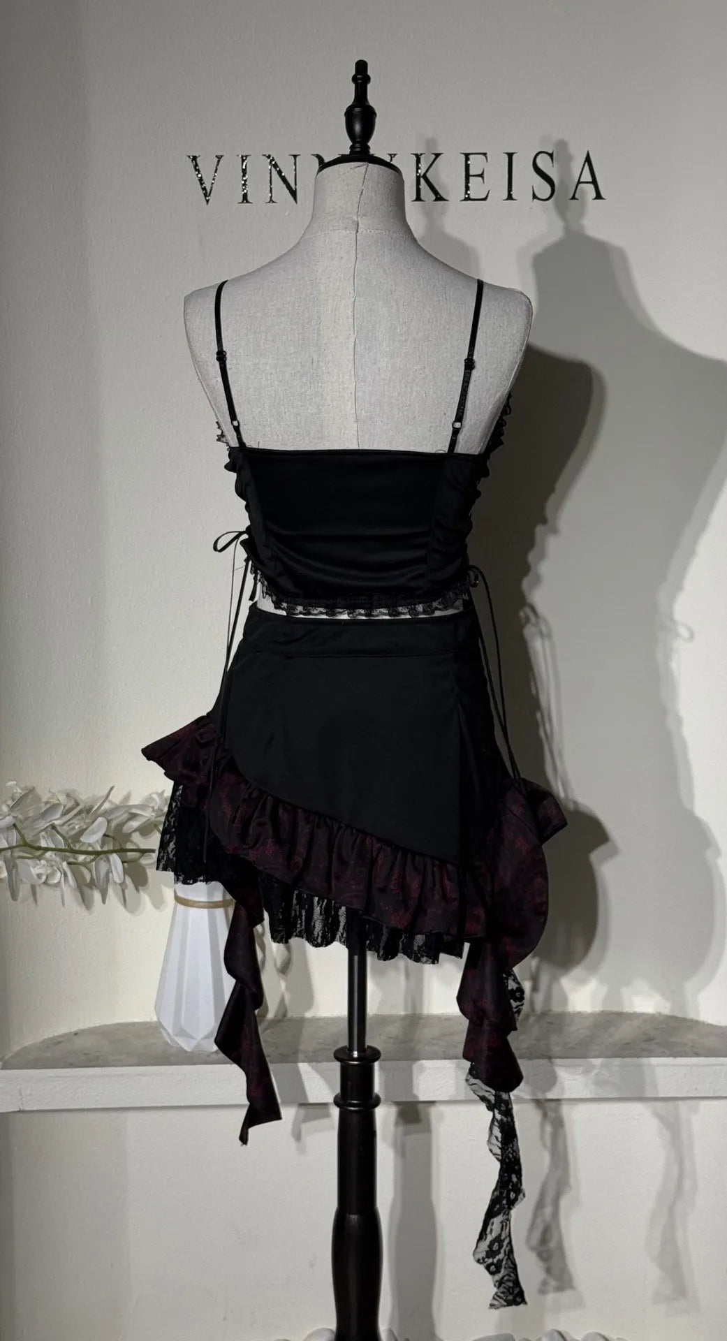 Gothic Costume Women Black Red Lace Halter Cropped Tops with Mini Tutu Skirt Two Pieice Subculture Street Vampire Witch Style