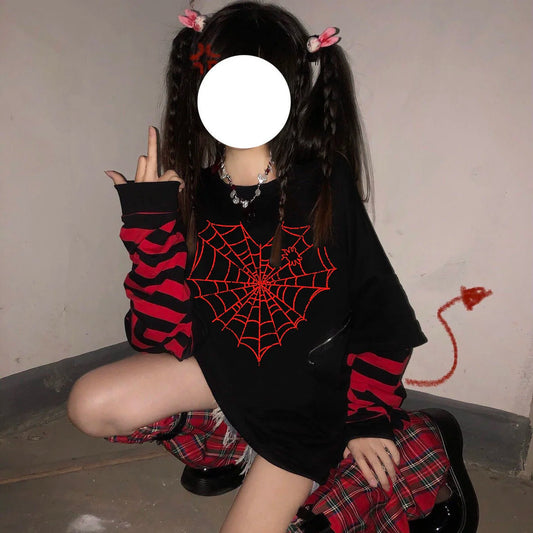 GOTH Black Long Sleeve  Fake Two-piece Spider web sweatshirt