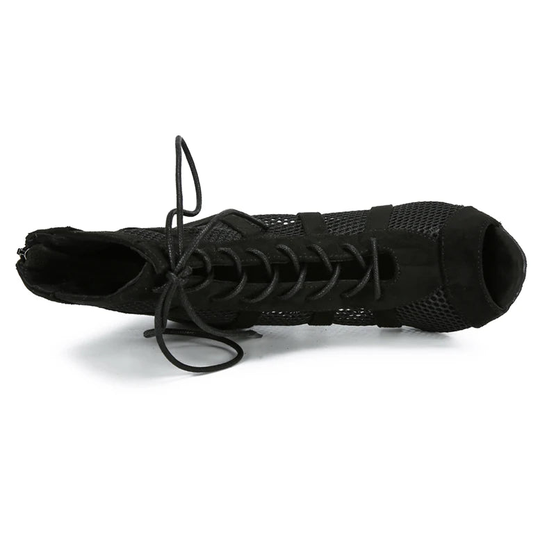 Black fashionable Latin dance boots, black mesh suede zipper lace-up sexy high-heeled dance shoes
