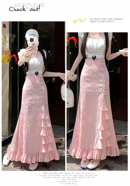 Gothic Long Skirt Punk Fishtail Tied Waist Printed Half Skirt