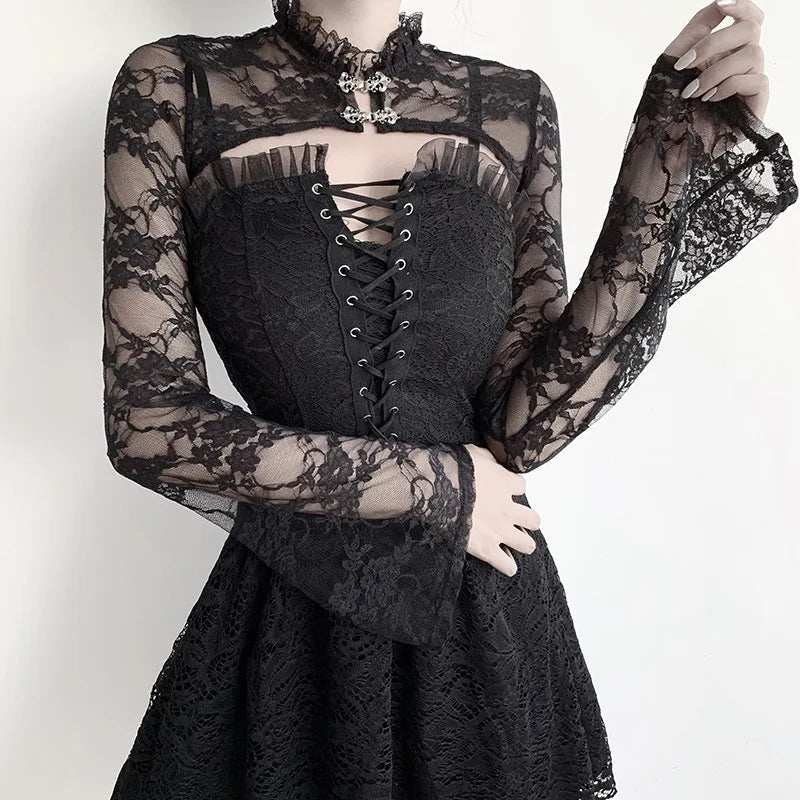 Dark Black Goth Vintage Flared Sleeve Lace Shoulder Cover