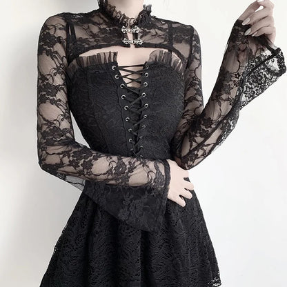 Dark Black Goth Vintage Flared Sleeve Lace Shoulder Cover