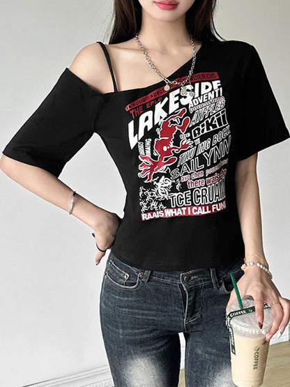 Gothic Print Tee Off Shoulder