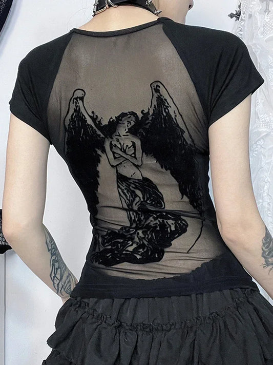 Gothic See Through Angel Graphic Print T-shirt