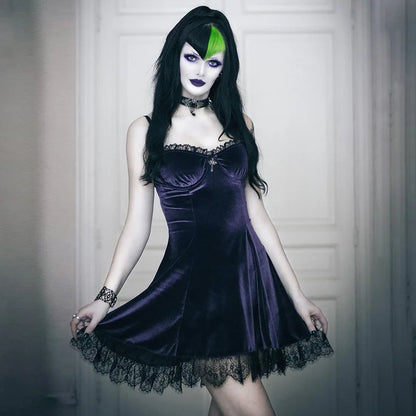 Goth Purple Dress Vintage Velvet A Line Lolita Dress Aesthetic Gothic High Waist Ladies Club Party Dresses