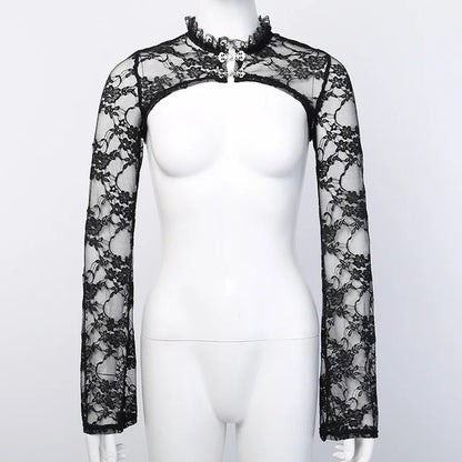 Dark Black Goth Vintage Flared Sleeve Lace Shoulder Cover