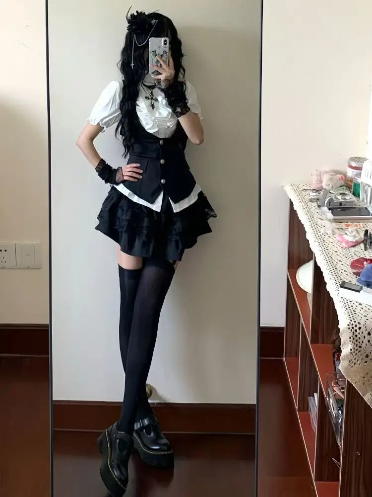 Gothic Preppy Style Design Short Sleeve 3-piece Set Women Fashion Y2k High-waist Black Short Skirt Suit Summer New Slim Outfits