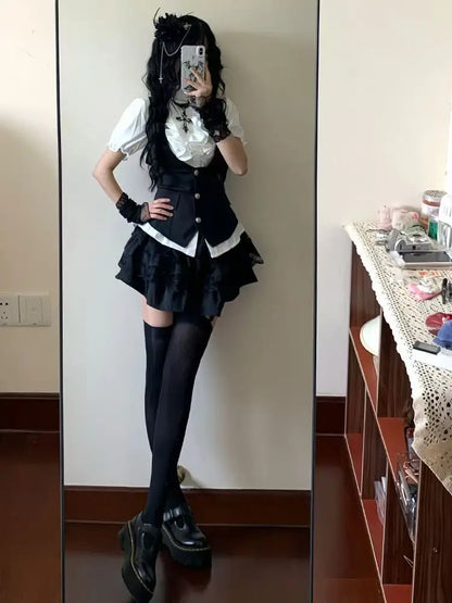 Gothic Preppy Style Design Short Sleeve 3-piece Set Women Fashion Y2k High-waist Black Short Skirt Suit Summer New Slim Outfits