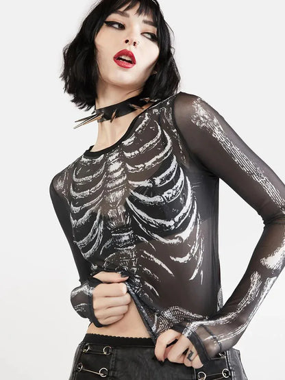 Gothic Skeleton Pattern Round Neck Long Sleeve