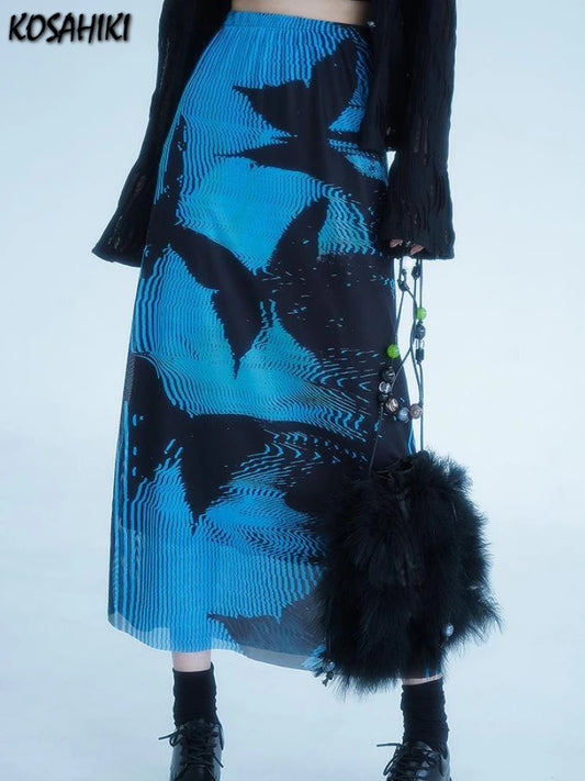 KOSAHIKI Gothic Pleated Skirts Womens Blue Saia Black Butterfly Print High Waist Skirt Woman Y2k Faldas Mujer Moda 2025 Korean