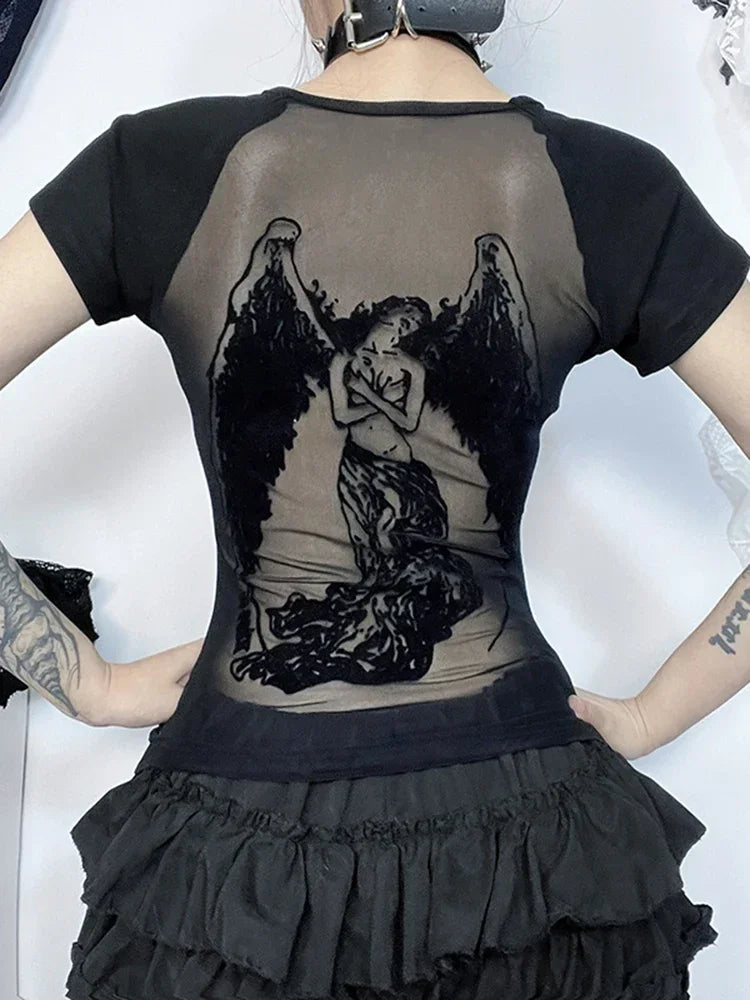 Gothic See Through Angel Graphic Print T-shirt