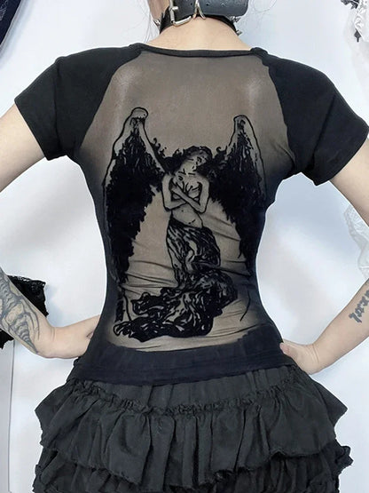 Gothic See Through Angel Graphic Print T-shirt