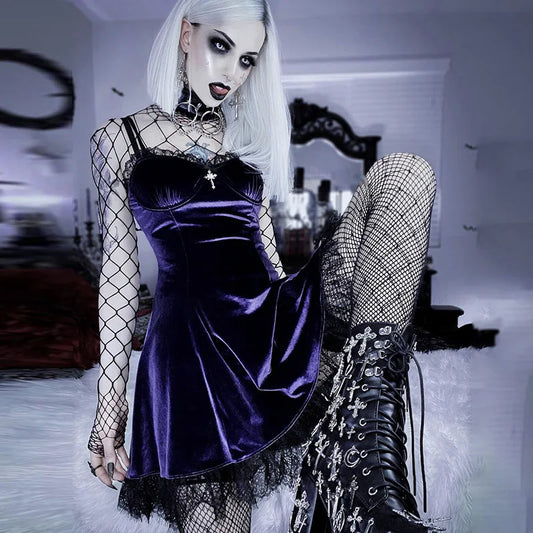 Goth Purple Dress Vintage Velvet A Line Lolita Dress Aesthetic Gothic High Waist Ladies Club Party Dresses