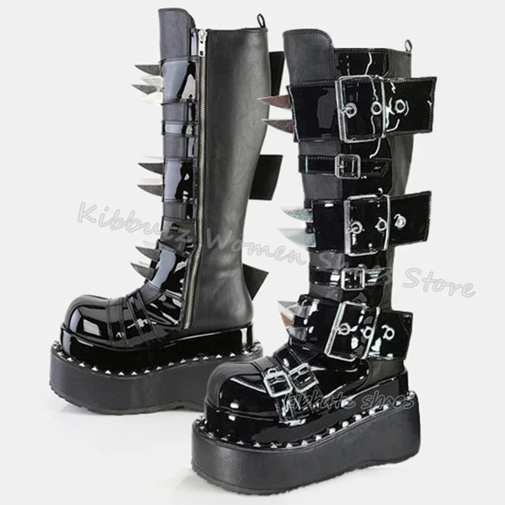 Gothic Boots Knee High Platform Punk Rock Belt Buckle Novelty Leather Thick Bottom