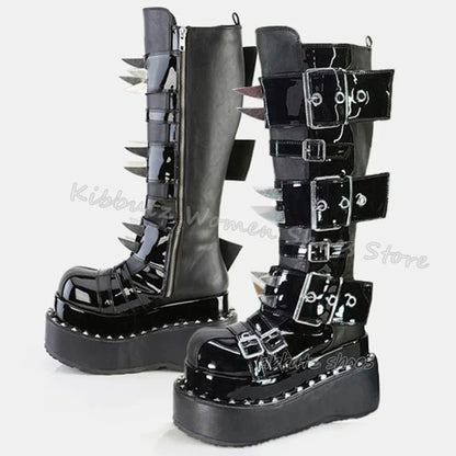 Gothic Boots Knee High Platform Punk Rock Belt Buckle Novelty Leather Thick Bottom