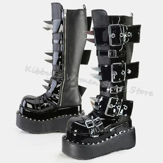 Gothic Boots Knee High Platform Punk Rock Belt Buckle Novelty Leather Thick Bottom