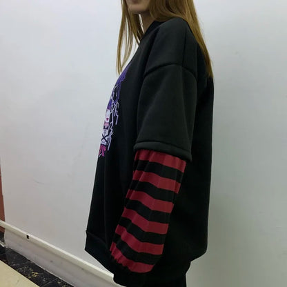 GOTH Black Long Sleeve  Fake Two-piece Spider web sweatshirt
