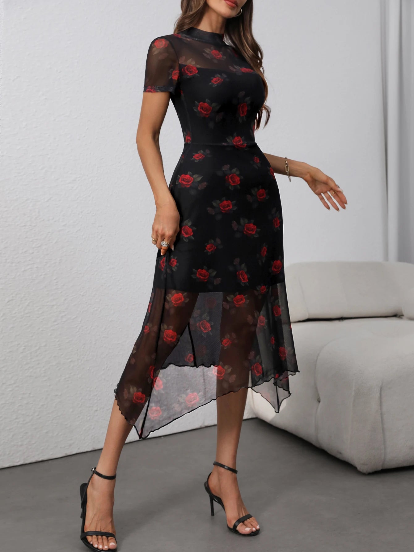 Goth Dark Elegant Fashion Florals Print Short Sleeve Mid Dress Fairy Double Layer Dresses