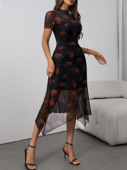 Goth Dark Elegant Fashion Florals Print Short Sleeve Mid Dress Fairy Double Layer Dresses