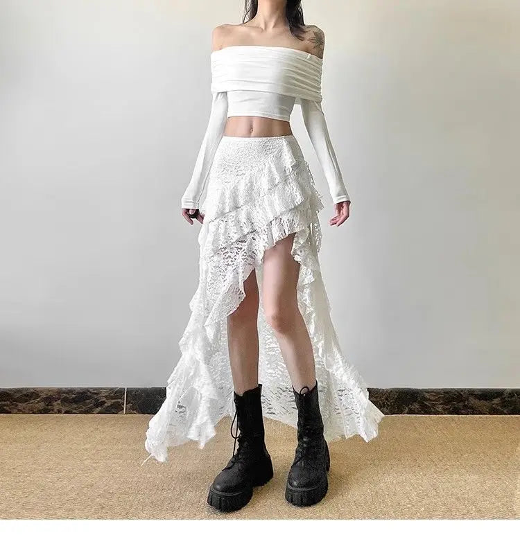Gothic Skirt Gyaru Kpop Streetwear Lace High waist Casual Aesthetic Long Skirt Femme Hip hop Skirts