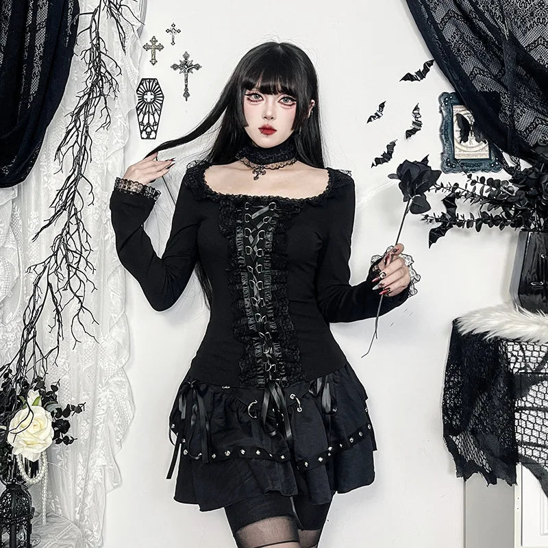 Goth Black Lace Trim Long Sleeve Vintage Lace-up Square Collar Elastic Tops with Choker Cross