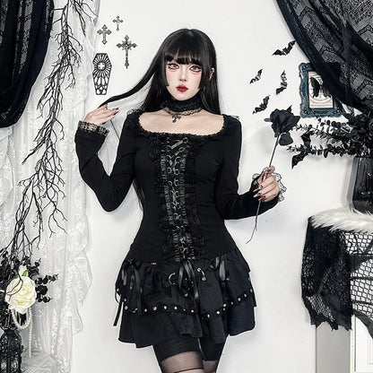 Goth Black Lace Trim Long Sleeve Vintage Lace-up Square Collar Elastic Tops with Choker Cross
