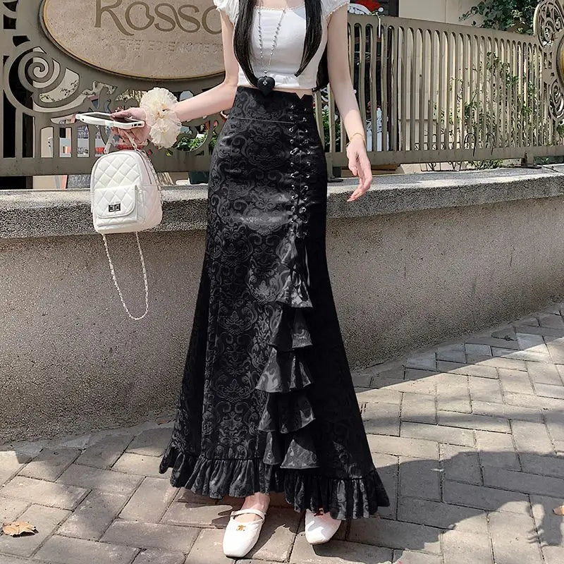 Gothic Long Skirt Punk Fishtail Tied Waist Printed Half Skirt