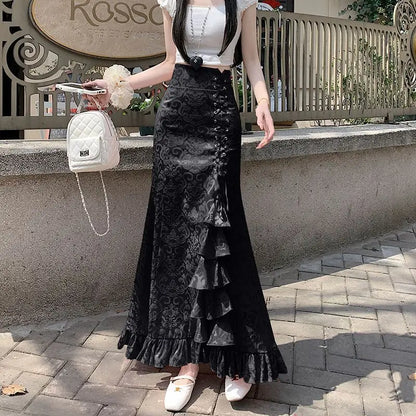 Gothic Long Skirt Punk Fishtail Tied Waist Printed Half Skirt