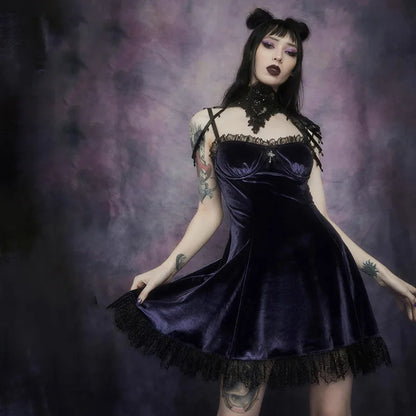 Goth Purple Dress Vintage Velvet A Line Lolita Dress Aesthetic Gothic High Waist Ladies Club Party Dresses