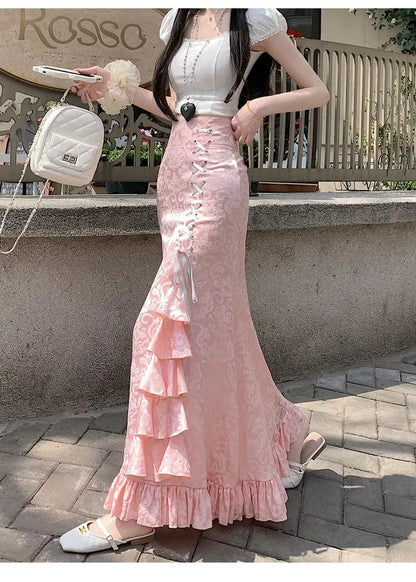 Gothic Long Skirt Punk Fishtail Tied Waist Printed Half Skirt