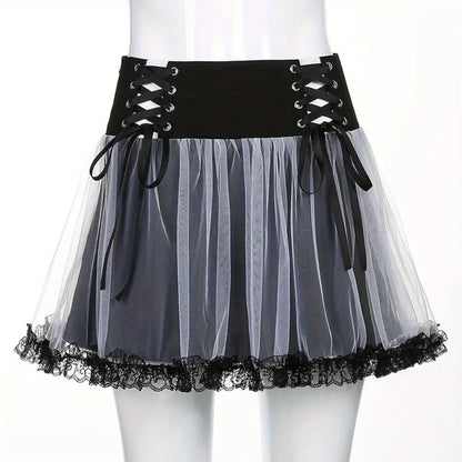 Gothic Mesh A-Line Skirt: Punk Ruffled Tie-Accent High-Waisted Skirt with Full Flare