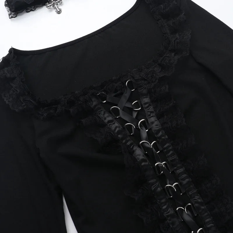 Goth Black Lace Trim Long Sleeve Vintage Lace-up Square Collar Elastic Tops with Choker Cross