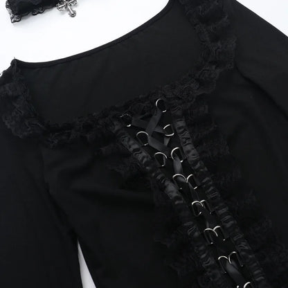 Goth Black Lace Trim Long Sleeve Vintage Lace-up Square Collar Elastic Tops with Choker Cross