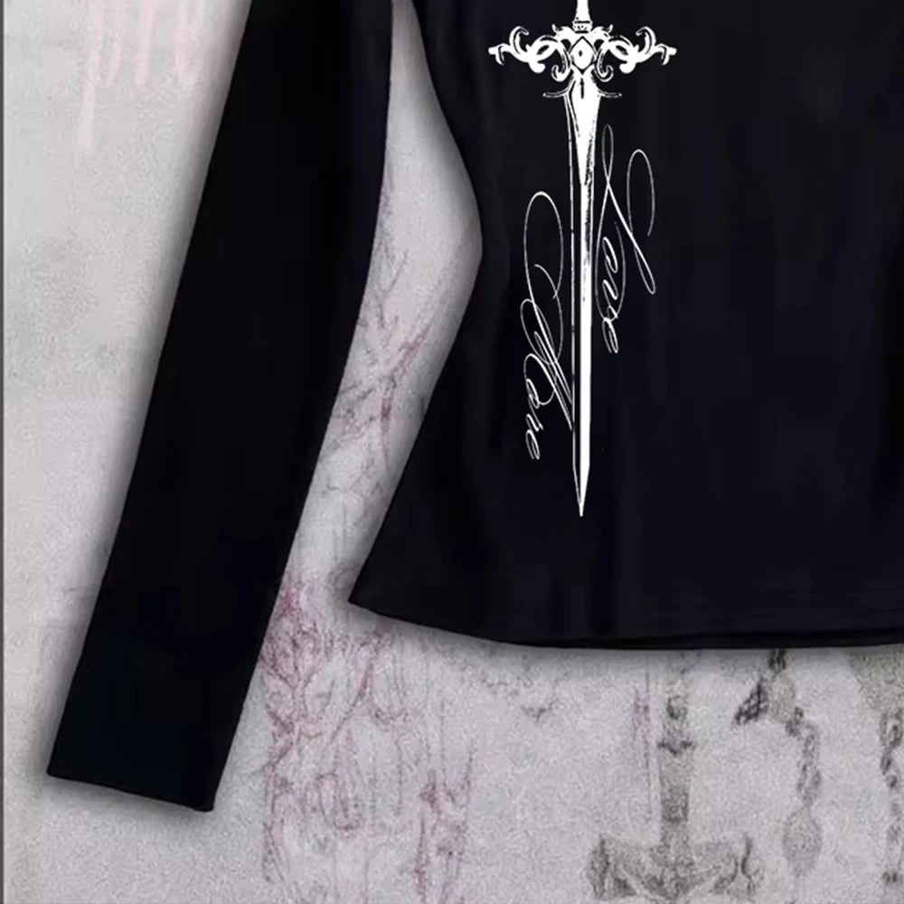 Harajuku Aesthetics Punk Letter cross Print Y2K T-shirt Hip Hop Streetwear Baby Tee Fashion Goth High Street Long sleeve Tops