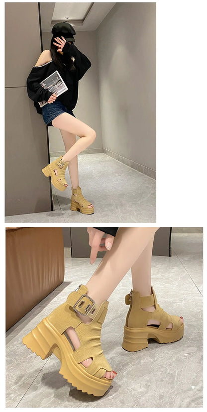 Gothic Platform Sandals Women Summer Wedges Peep Toe Gladiator Shoes Woman Thick Bottom 8cm High Heels Sandalias Mujer