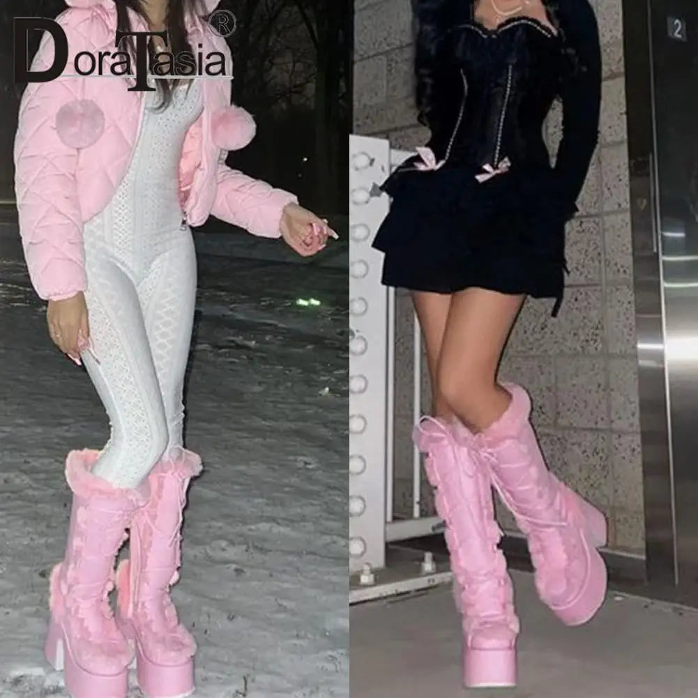 Ladies Goth Platform Boots Fashion Zip Faux Fur Chunky High Heels women's Boots Party Street Autumn Winter Woman Shoes