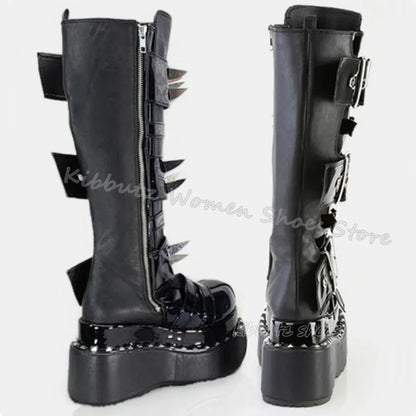 Gothic Boots Knee High Platform Punk Rock Belt Buckle Novelty Leather Thick Bottom