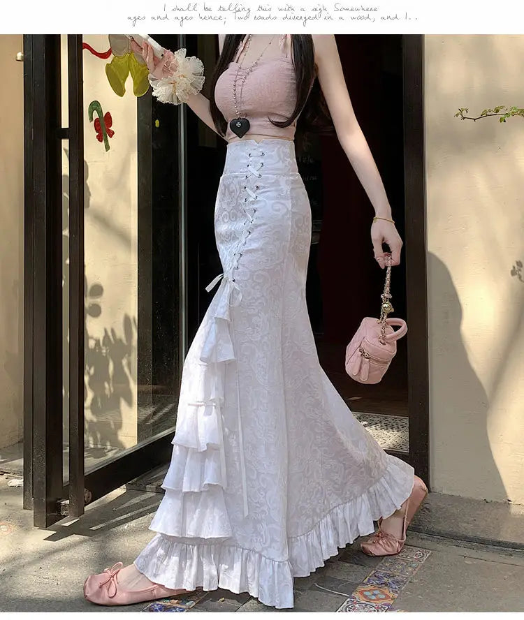 Gothic Long Skirt Punk Fishtail Tied Waist Printed Half Skirt