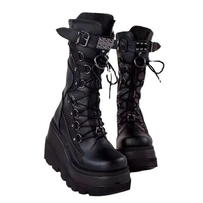 Brand Design Ladies High Platform Boots Big Size Rivet Goth High Heels Boots Women Cosplay Wedges Punk Shoes Woman Gothic Shoes