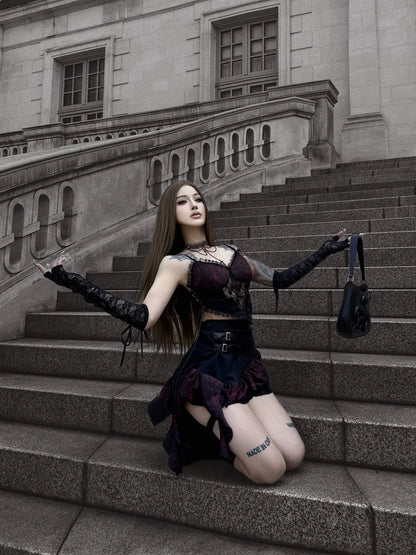 Gothic Costume Women Black Red Lace Halter Cropped Tops with Mini Tutu Skirt Two Pieice Subculture Street Vampire Witch Style