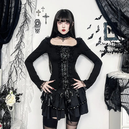 Goth Black Lace Trim Long Sleeve Vintage Lace-up Square Collar Elastic Tops with Choker Cross