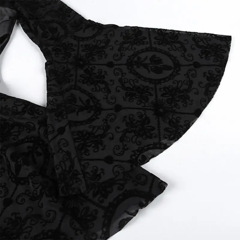 Gothic Dress Black Draped Bodycon Dresses Vintage Dark Flocking Long Skirt Party Birthday Costume for Women Girls