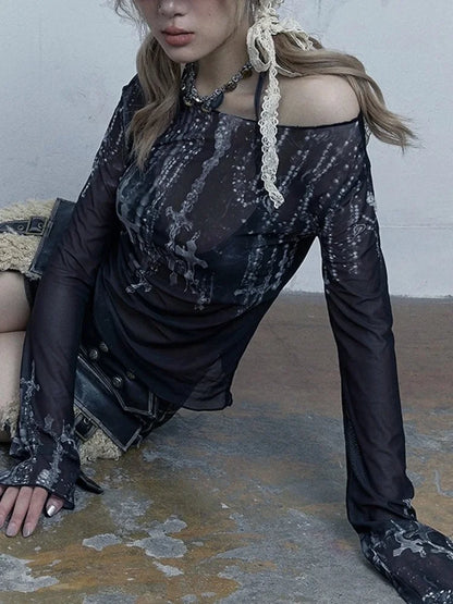 Goth Graphic T Shirts See Through Mesh Top Long Sleeve