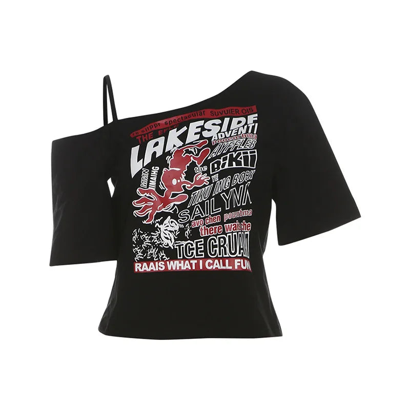 Gothic Print Tee Off Shoulder
