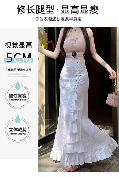 Gothic Long Skirt Punk Fishtail Tied Waist Printed Half Skirt