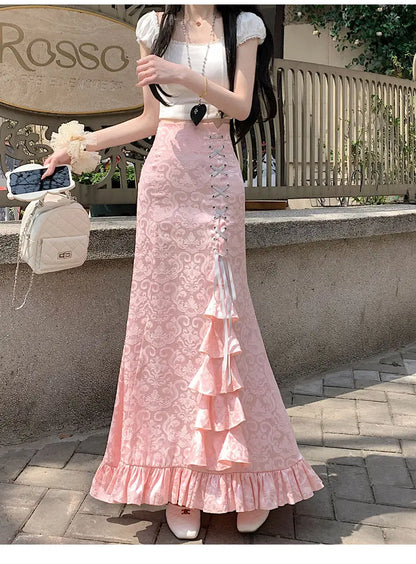 Gothic Long Skirt Punk Fishtail Tied Waist Printed Half Skirt