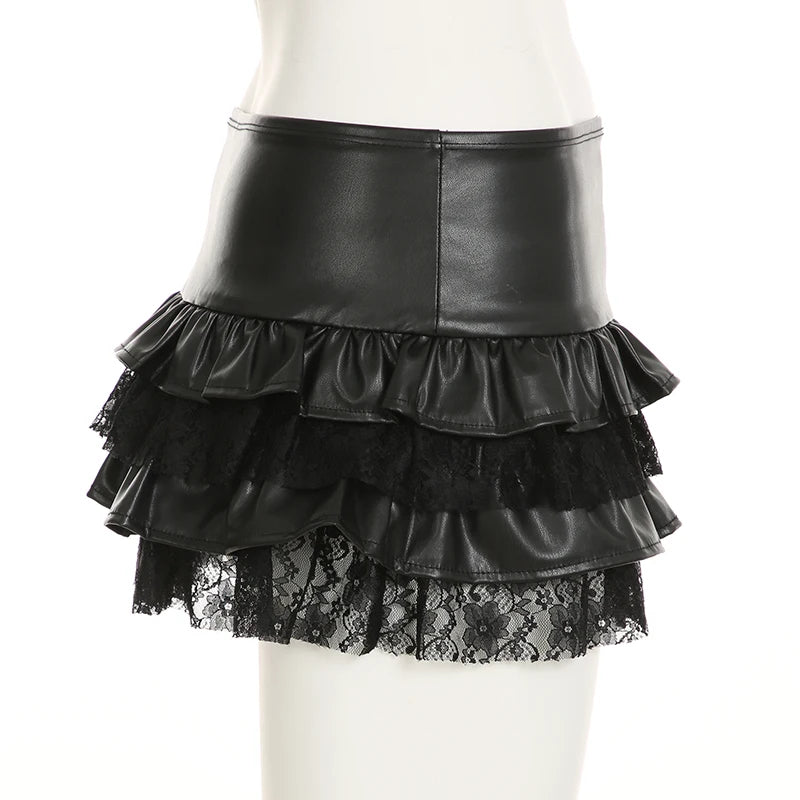 SUCHCUTE Goth Black Pu Leather Patchwork Lace Tiered Cake Mini Skirts Y2K Aesthetic 90s Lolita Skirt Women Sexy Low Waist Skirt