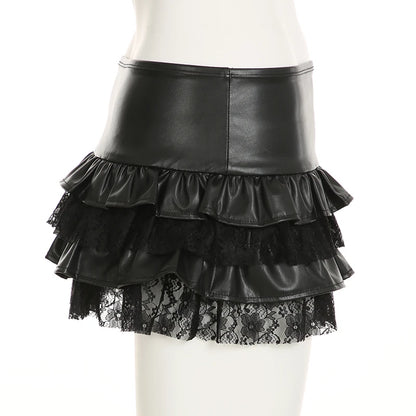 SUCHCUTE Goth Black Pu Leather Patchwork Lace Tiered Cake Mini Skirts Y2K Aesthetic 90s Lolita Skirt Women Sexy Low Waist Skirt